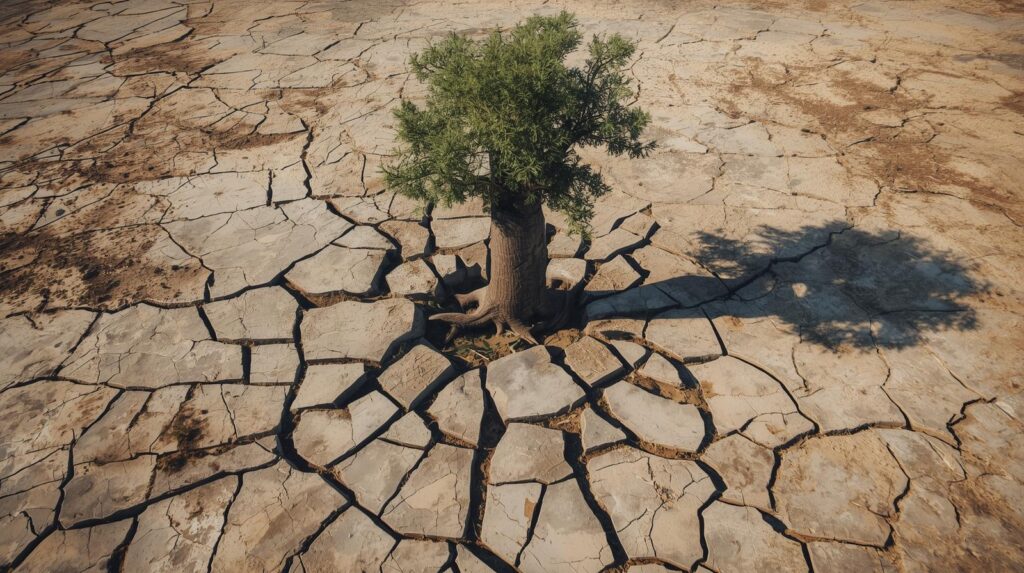 A baobab tree pushing through cracked concrete ground.